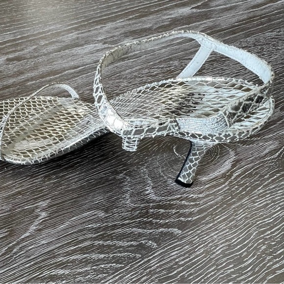 41-Stuart Weitzman, silver, metallic snake, skin embossed, heeled sandal, SZ.8.5 - Picture 6 of 7